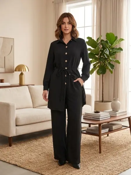 طقم قطعتين تونيك طويل بحزام رباط وأزرار